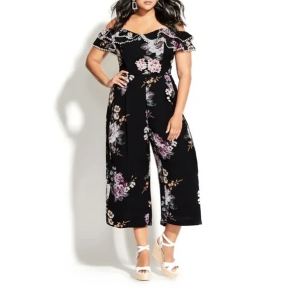 City Chic Pants - NEW City Chic Love Blossom Floral Crepe Off The Shoulder Cropped Jumpsuit Sz.16